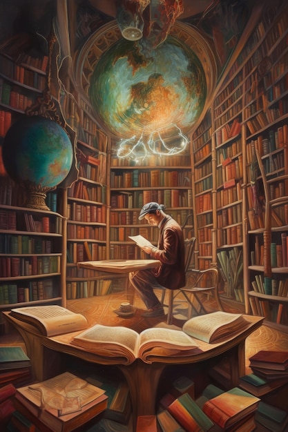 Una impresionante pintura al óleo surrealista de un hombre en la biblioteca IA generativa