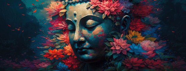 Impresionante pintura de Buda rodeada de flores AIGenerated