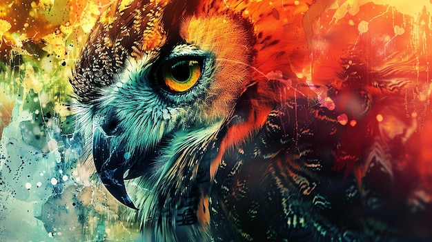 Una impresionante pintura digital de un búho con colores vibrantes y una mirada cautivadora