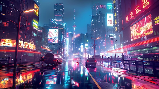 Una impresionante pintura digital de una ciudad cyberpunk por la noche La ciudad está llena de rascacielos luces de neón y coches voladores