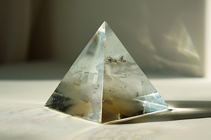 Impresionante pirámide de cristal claro con intrincadas inclusiones iluminadas por la luz natural
