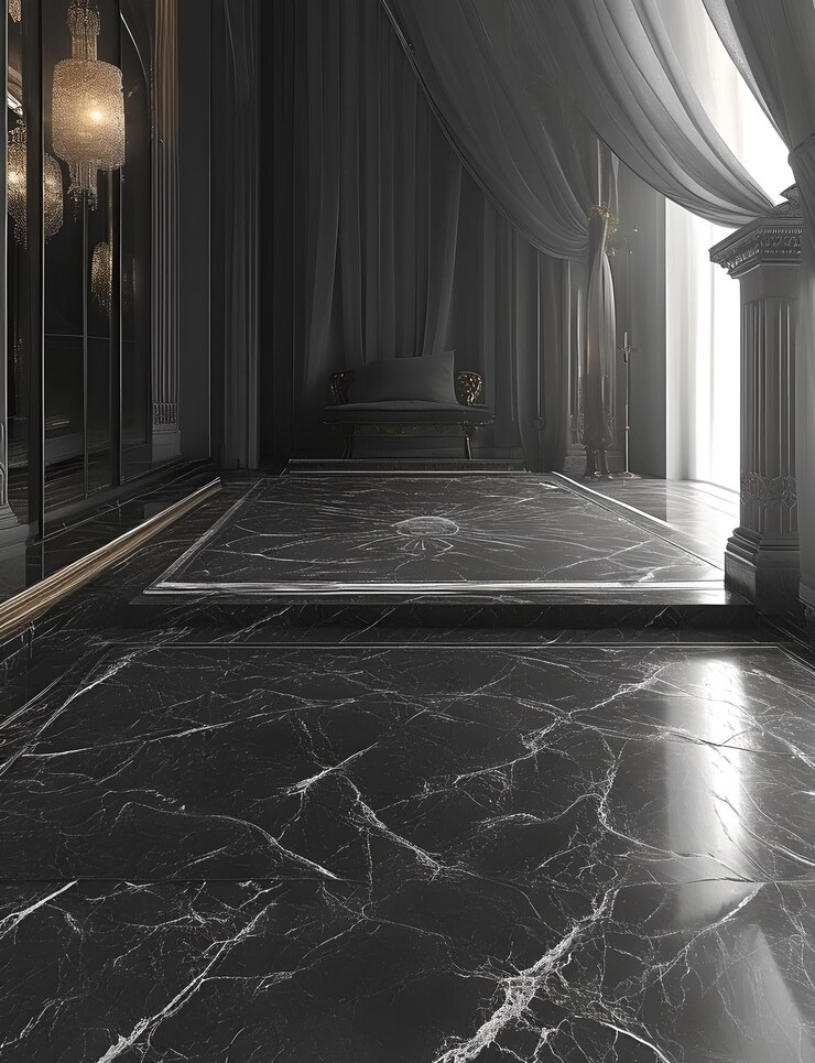 Impresionante piso de mármol negro en diseño de interiores de lujo perfecto para residenciales de alta gama o