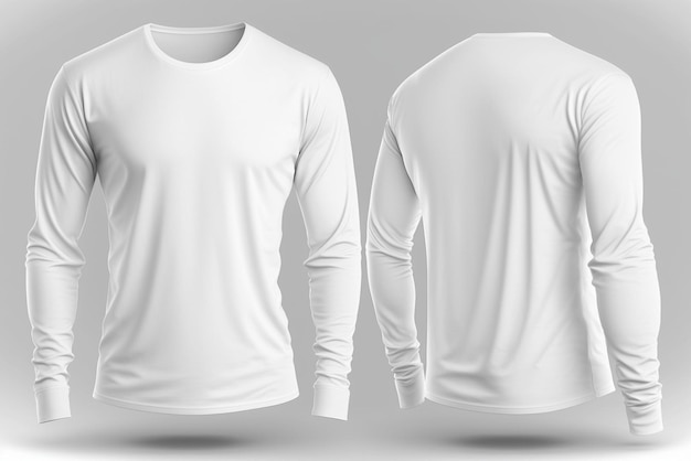 Una impresionante plantilla de maqueta de camiseta blanca de manga larga delantera y trasera en blanco sobre fondo blanco