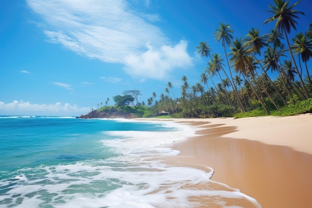 Una impresionante playa de arena con altas palmeras y aguas azules cristalinas que crean un pintoresco paraíso tropical playa tropical intacta en Sri Lanka generada por IA