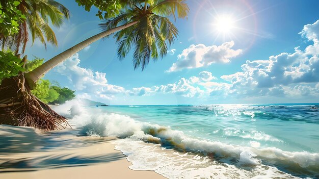 Foto impresionante playa con arena blanca y palmeras el agua es cristalina y el sol brilla brillantemente