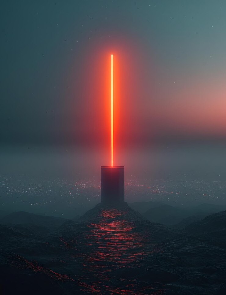 Foto impresionante poste de luz de neón rojo en el océano al atardecer futurista abstracto diseño creativo para obras de arte