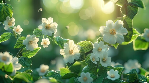 Impresionante primer plano de un árbol de flores blancas bajo la suave luz del sol