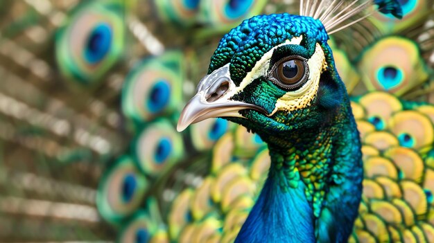 Foto un impresionante primer plano de la cabeza y el cuello de un pavo realzando sus plumas vibrantes e iridescentes