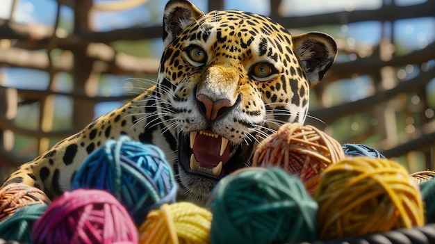 Un impresionante primer plano de un jaguar gruñendo con una pila de hilos de colores delante de él