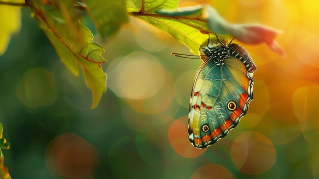 Un impresionante primer plano de una mariposa posada en una hoja con un hermoso fondo bokeh