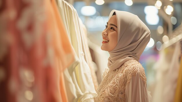 Impresionante primer plano de una mujer malaya extasiada comprando ropa en un centro comercial IA generativa