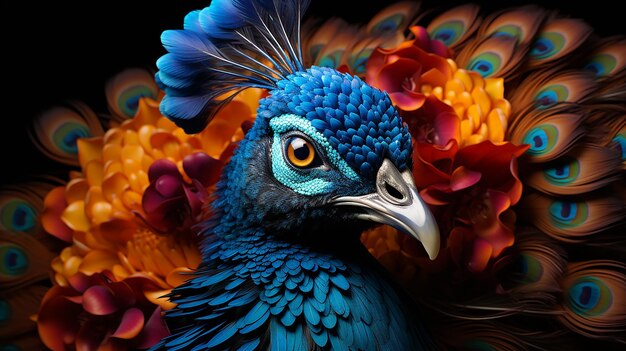 Impresionante primer plano de un pavo real mostrando su plumaje