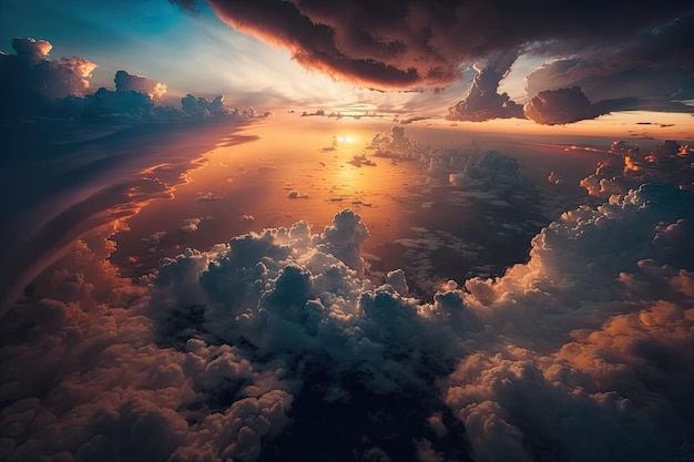Impresionante puesta de sol con un cielo nublado desde arriba Una vista aérea de las nubes