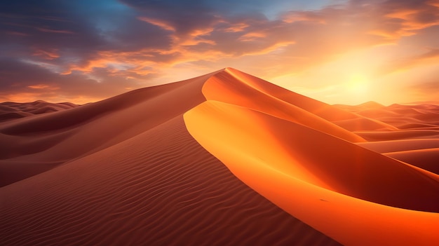 Una impresionante puesta de sol en el desierto con dunas de arena dorada que se extienden hasta el horizonte