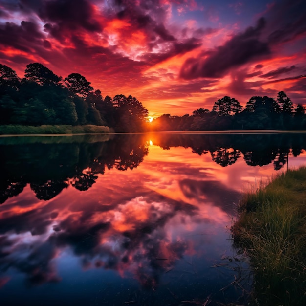 Una impresionante puesta de sol hiperrealista sobre un lago sereno con tonos vibrantes que se reflejan en el agua.