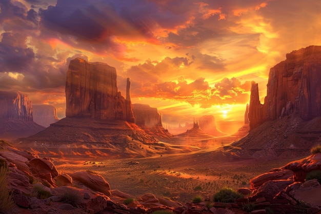 Una impresionante puesta de sol ilumina las formaciones rocosas icónicas de Monument Valley un paisaje místico del desierto con altas formaciones de roca y una puesta de sol ardiente