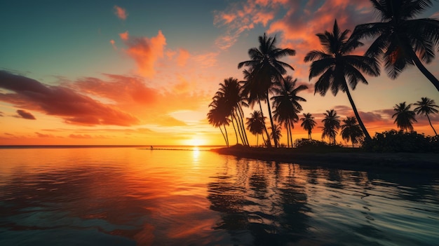 Impresionante puesta de sol en una playa tropical con palmeras