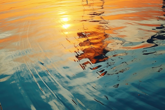 Una impresionante puesta de sol proyecta tonos fascinantes sobre una extensa masa de agua creando un espectáculo natural impresionante Reflejo abstracto en espejo de una puesta de sol generada por IA