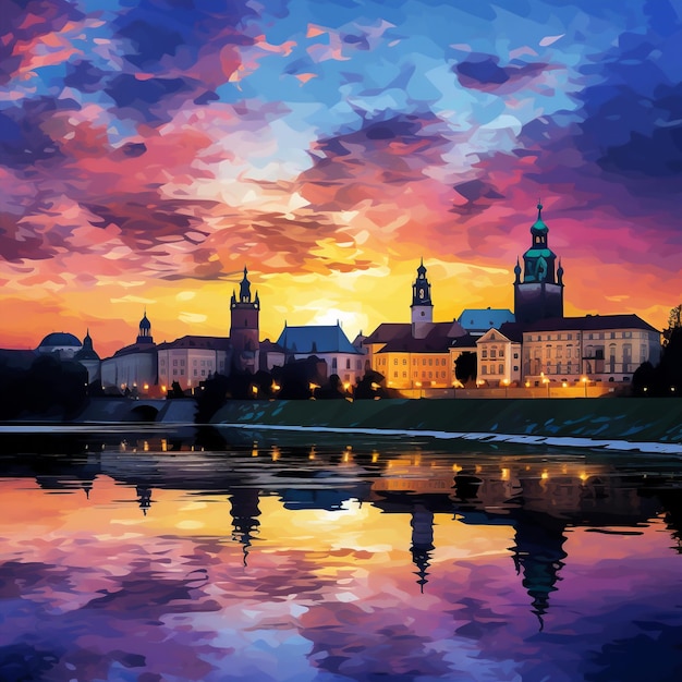 Impresionante puesta de sol sobre la antigua ciudad de Cracovia con el castillo de Wawel