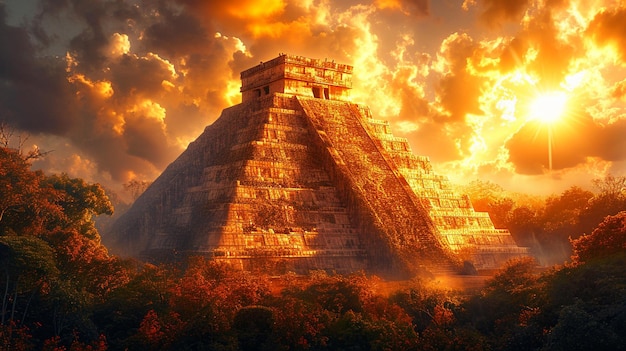 Foto impresionante puesta de sol sobre las antiguas ruinas de chichén itzá en méxico