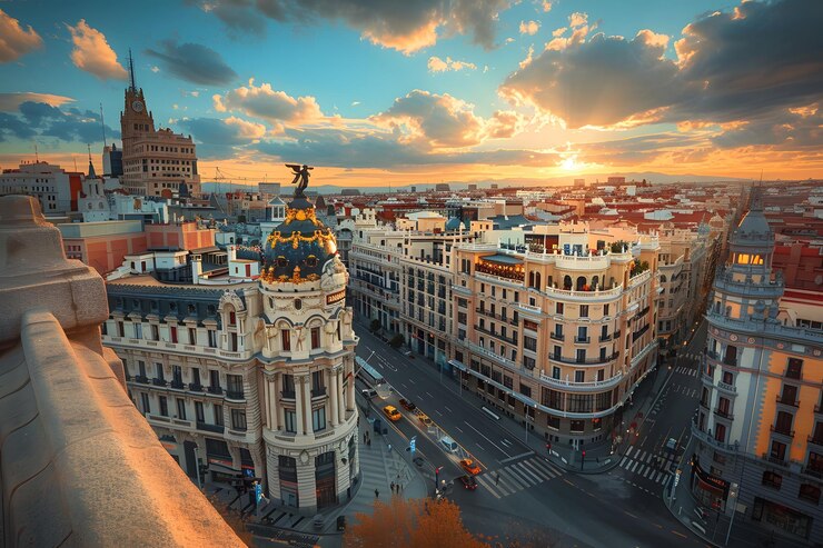 Impresionante puesta de sol sobre la arquitectura icónica de Madrid