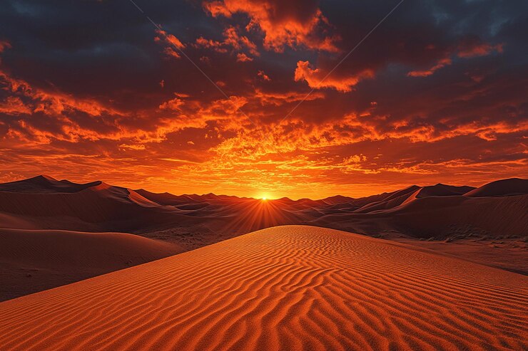 Impresionante puesta de sol sobre las dunas del desierto con vibrantes cielos naranja y rojo IA generativa
