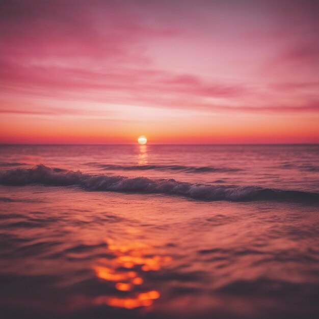 Impresionante puesta de sol sobre un horizonte oceánico con tonos naranjas y rosados que se extienden por el cielo