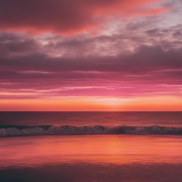 Foto impresionante puesta de sol sobre un horizonte oceánico con tonos naranjas y rosados que se extienden por el cielo