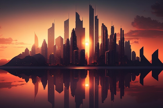 Impresionante puesta de sol sobre una metrópolis con rascacielos