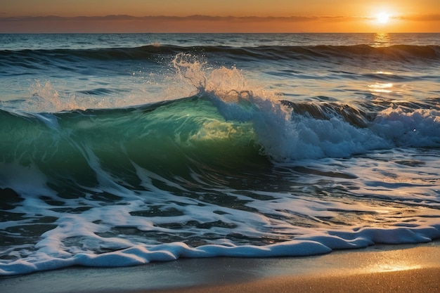 Impresionante puesta de sol sobre el océano con olas