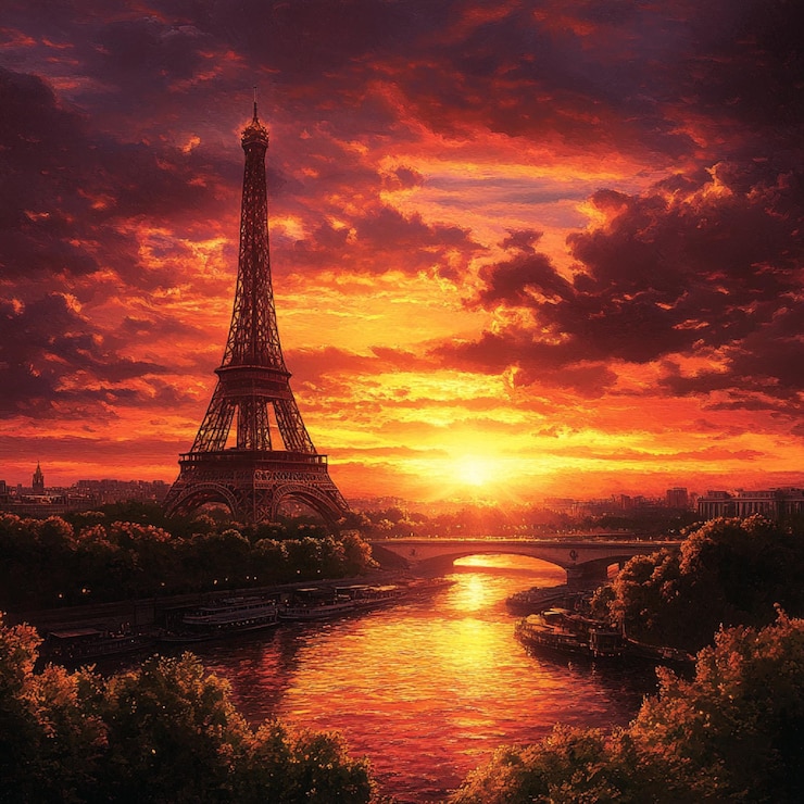 Foto una impresionante puesta de sol sobre un punto de referencia famoso como la torre eiffel o el gran cañón