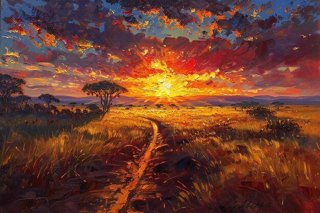 Una impresionante puesta de sol sobre la sabana africana proyectando largas sombras y pintando el cielo en colores vibrantes