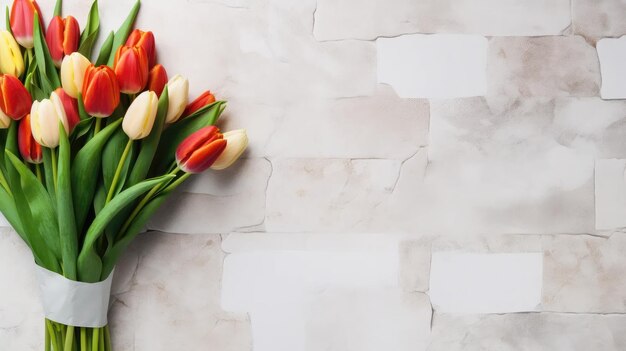 un impresionante ramo de tulipanes contra una encantadora pared de ladrillo blanco capturando la esencia de una ocasión especial y perfecta para el Día de la Mujer el 8 de marzo