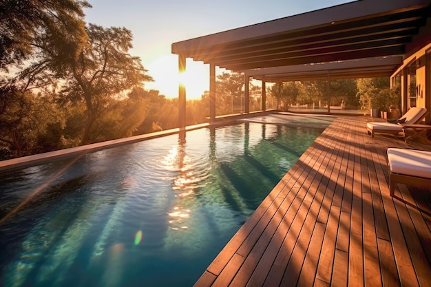 Impresionante refugio en la piscina con terraza de madera y solárium incorporado