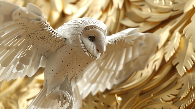 Foto una impresionante representación en 3d de un majestuoso búho con sus alas extendidas el búho es blanco con detalles intrincados y un fondo dorado