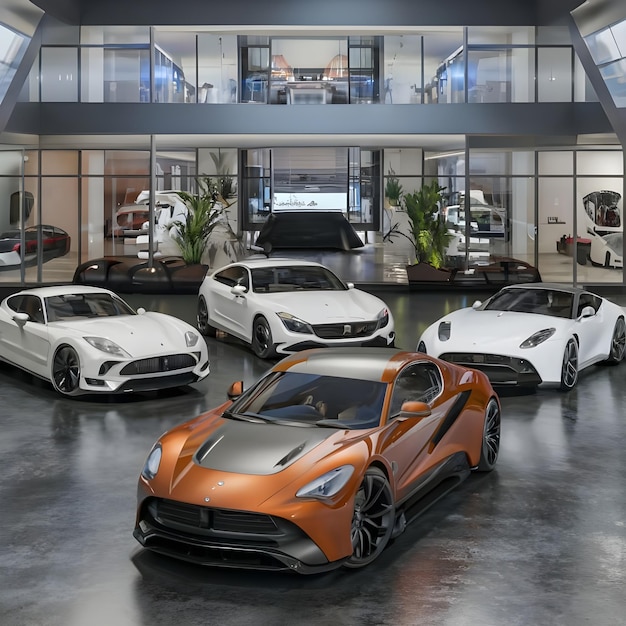 Impresionante representación en 3D que muestra una sala de exposición de automóviles futuristas con un diseño elegante y moderno