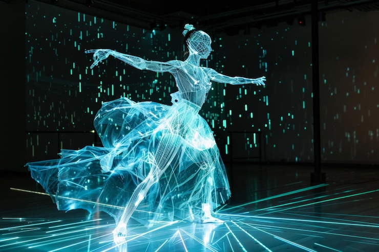 Foto una impresionante representación digital de una bailarina en movimiento que muestra patrones de luz vívidos y movimiento etéreo en un espacio oscuro