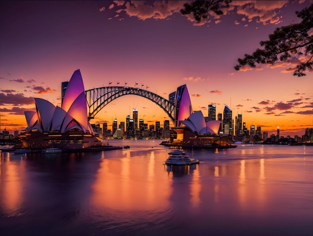 Una impresionante representación fotorrealista del puerto de Sydney durante el atardecer generada por ai