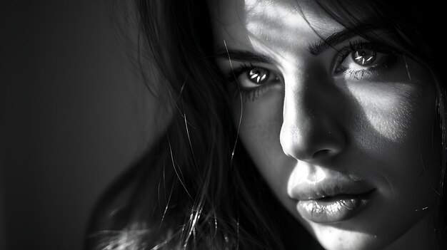 Un impresionante retrato en blanco y negro de una mujer joven con el cabello largo y fluido ella está mirando a la cámara con una expresión seria