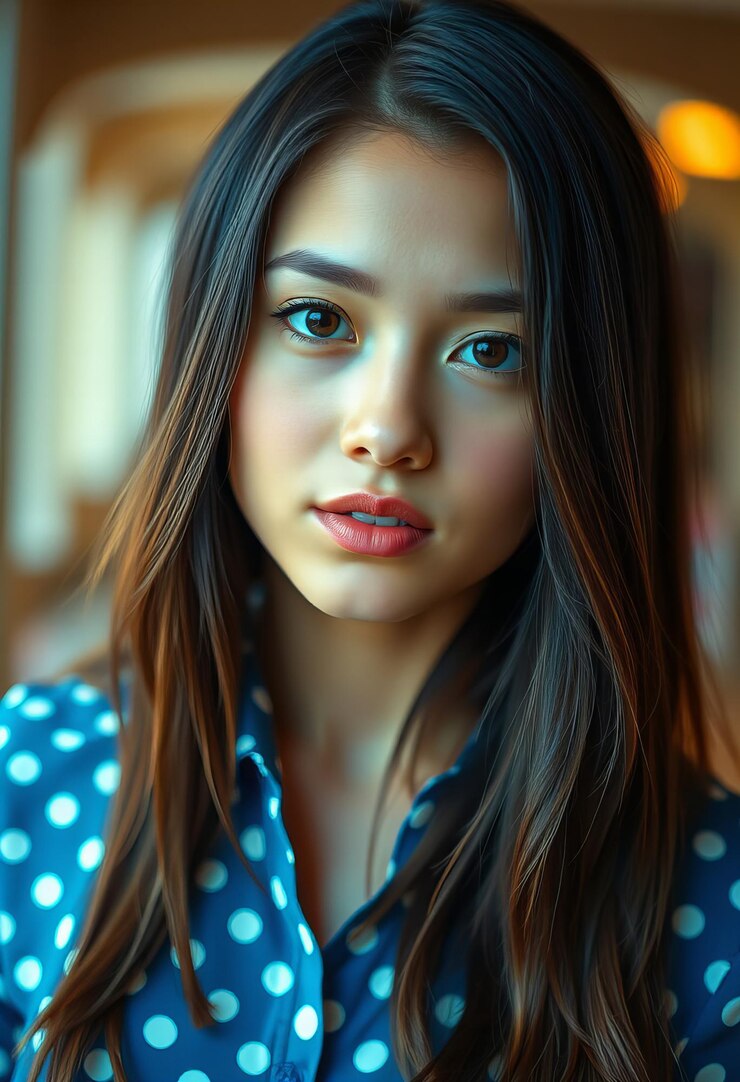 Impresionante retrato fotorrealista de una joven de cabello oscuro con un punto azul y blanco