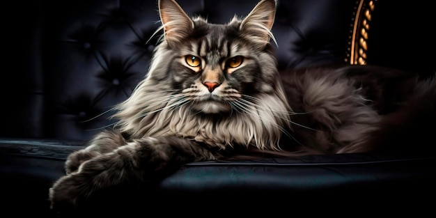 Impresionante retrato de un gato Maine Coon con su gran tamaño, pelaje impresionante y comportamiento real que representa la magnificencia de la belleza felina en el Día Internacional del Gato.