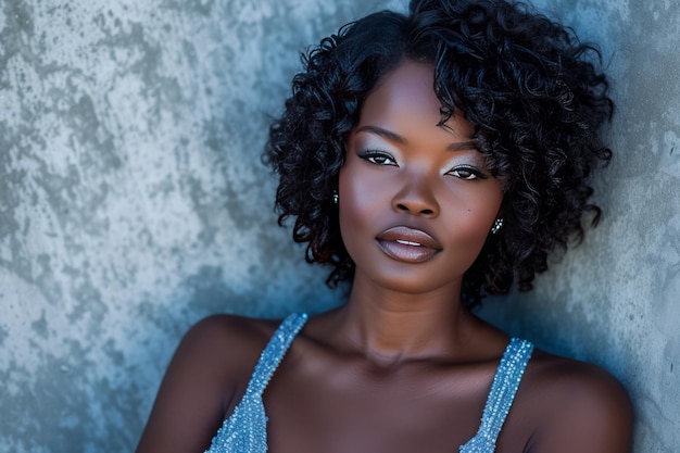 Impresionante retrato de una joven afroamericana con cabello rizado y maquillaje impecable con un vestido plateado