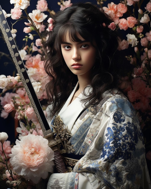 Impresionante retrato de una joven decidida en kimono japonés con espada y flores rosas
