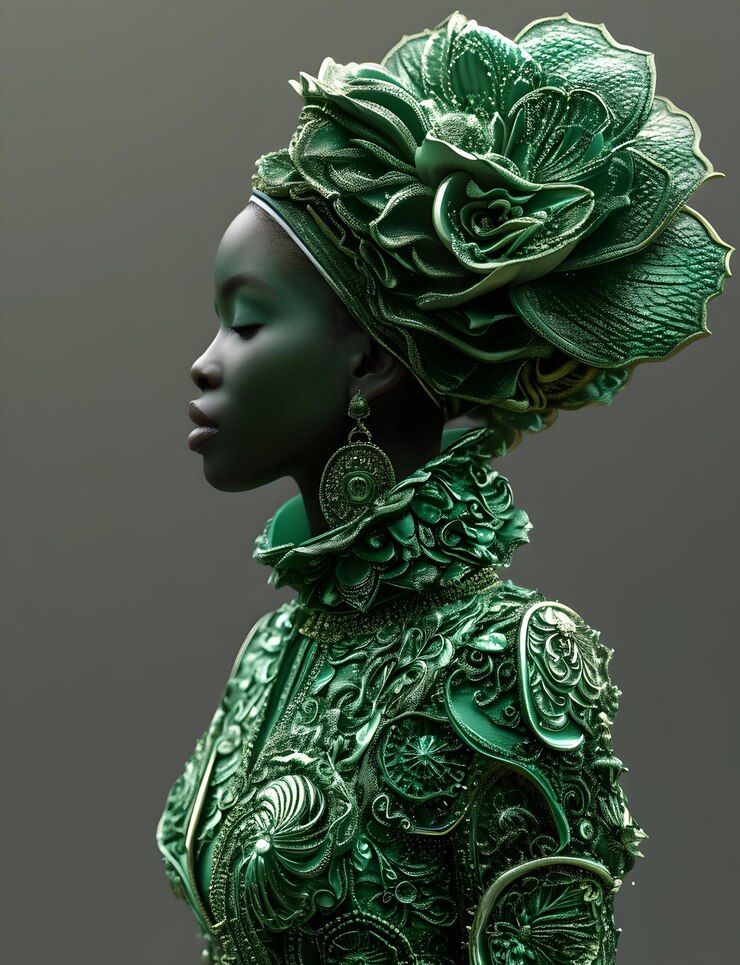 Impresionante retrato de mujer africana de color verde esmeralda con intrincado tocado floral escena exótica Mejor