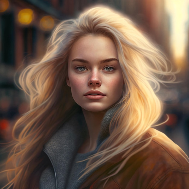 Impresionante retrato de paisaje urbano de una hermosa mujer con cabello rubio suelto IA generativa