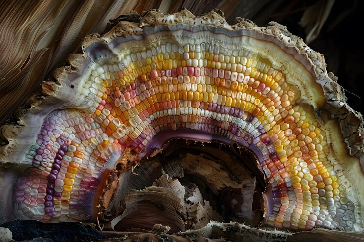 Foto impresionante sección transversal de coloridas mazorcas de maíz que revelan las naturalezas artísticas