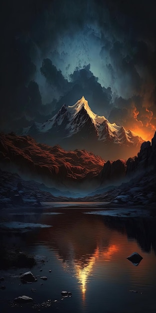 Impresionante serenidad Oscura puesta de sol sobre el hermoso paisaje montañoso glacial del Himalaya