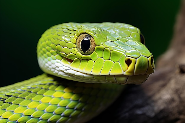 Impresionante serpiente verde en la rama de un árbol de la jungla macro primer plano de detalles intrincados de reptiles
