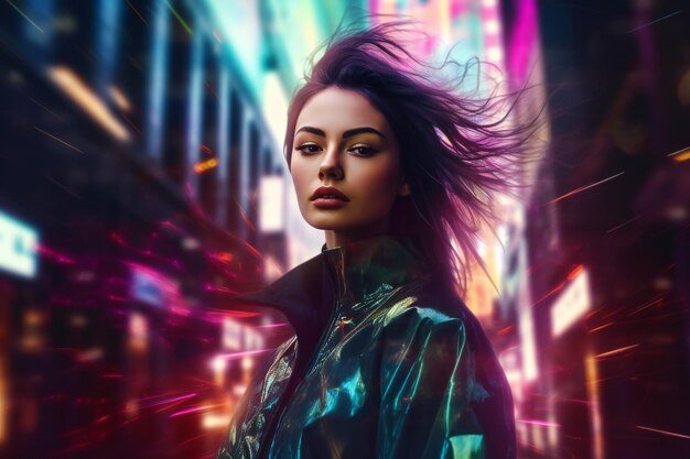 Impresionante supermodelo luces del norte moda iluminando una calle oscura de la ciudad Cyberpunk estilo de vida com