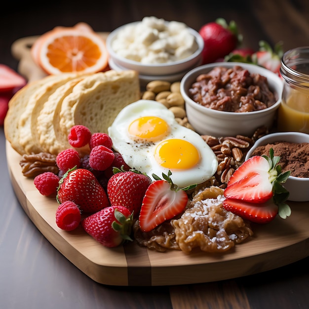 Foto una impresionante tabla de desayuno colocada en una cama blanca